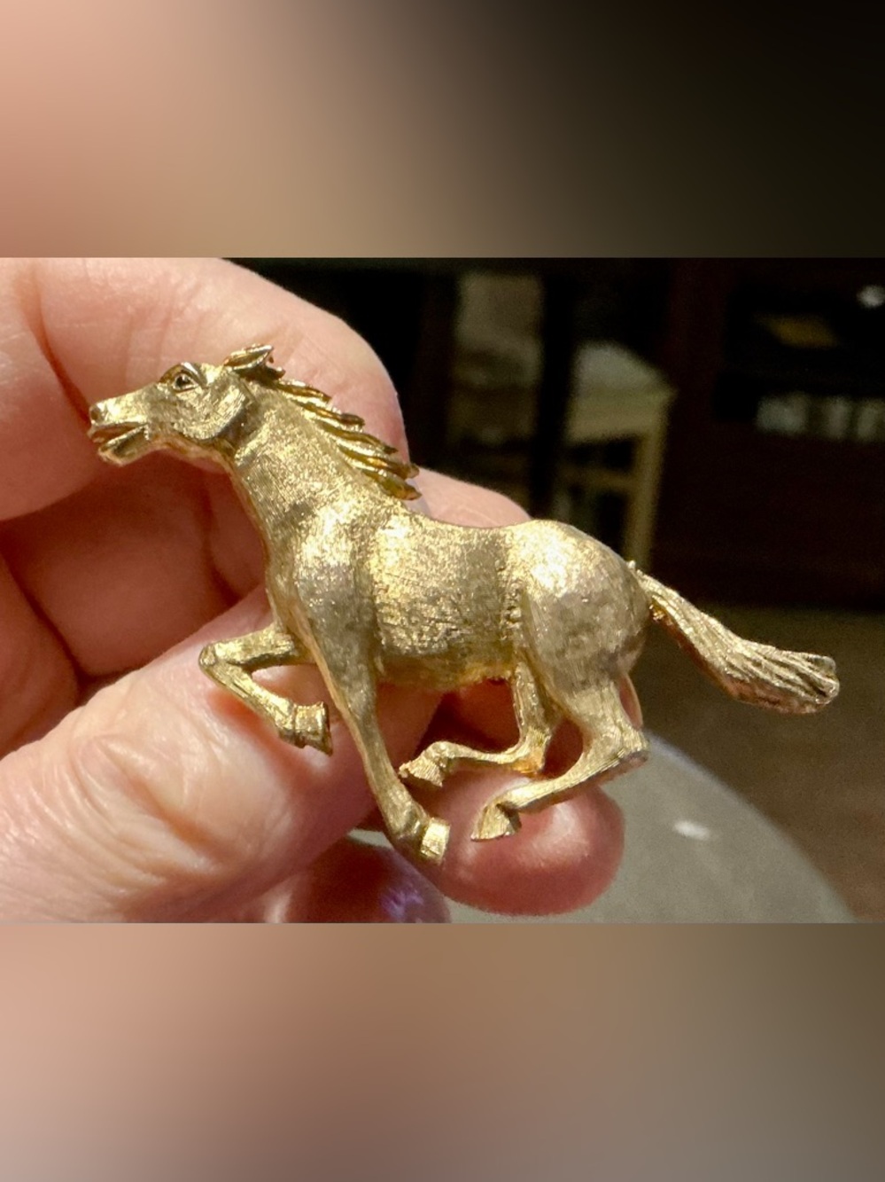 Unknown source, gold tone vintage horse brooch